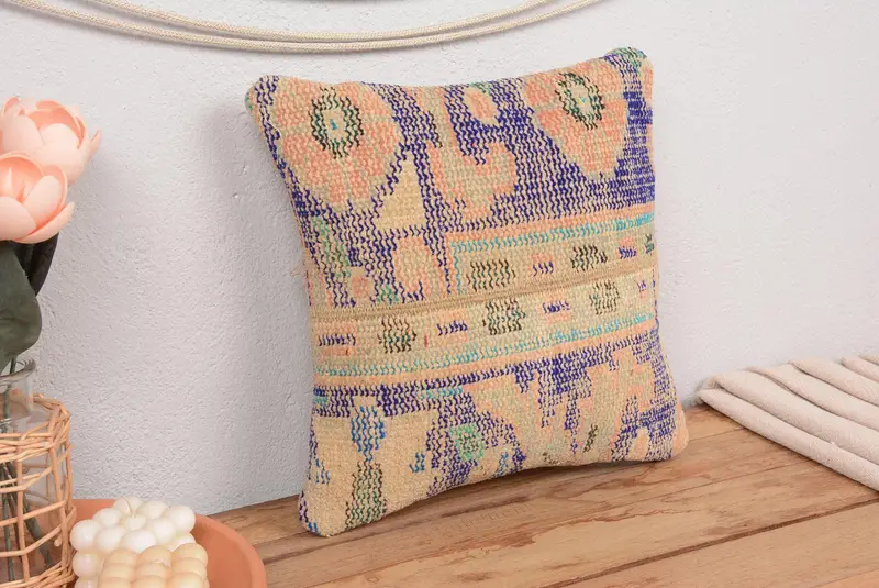 Blaues und beiges Patchwork-Wurfkissen, Vintage-gesticktes Kissen
