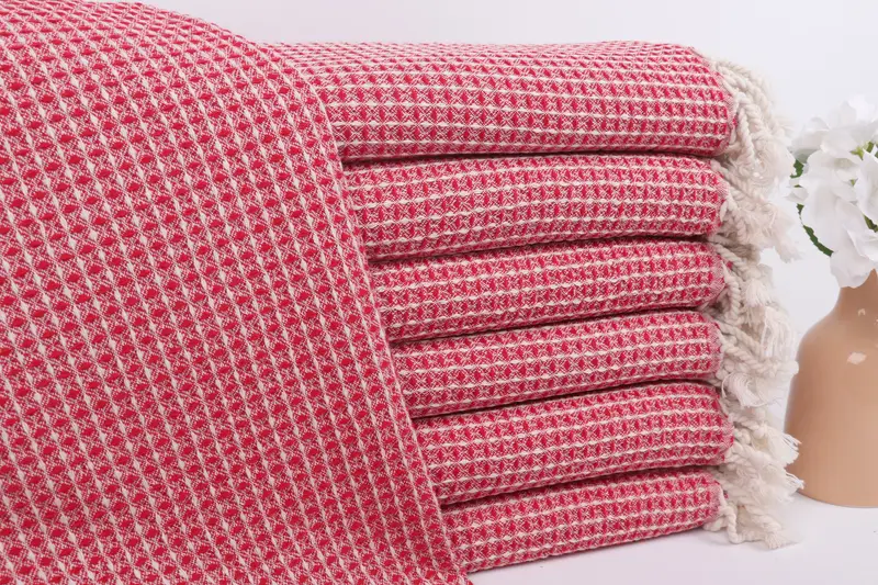 Waffle Havlusu Monogram Plaj Havlusu Kırmızı Pamuk, 36x67 İnç
