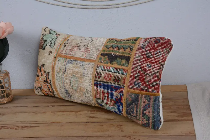 Decorative Bolster Cushion, Handmade Kilim Cushion, Pillow Cover, Pillow for Couch, Pet Pillow Case, Vintage Kilim Pillow, 12x24 Beige Cushion - 4