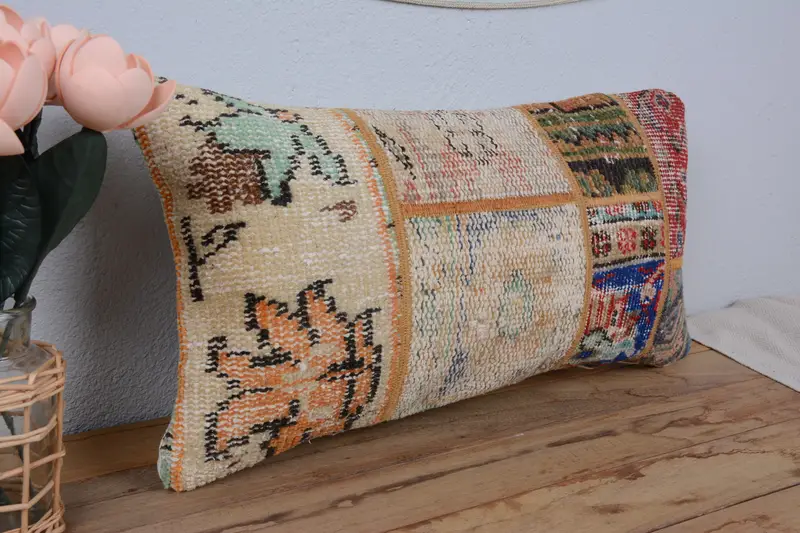 Decorative Bolster Cushion, Handmade Kilim Cushion, Pillow Cover, Pillow for Couch, Pet Pillow Case, Vintage Kilim Pillow, 12x24 Beige Cushion - 1