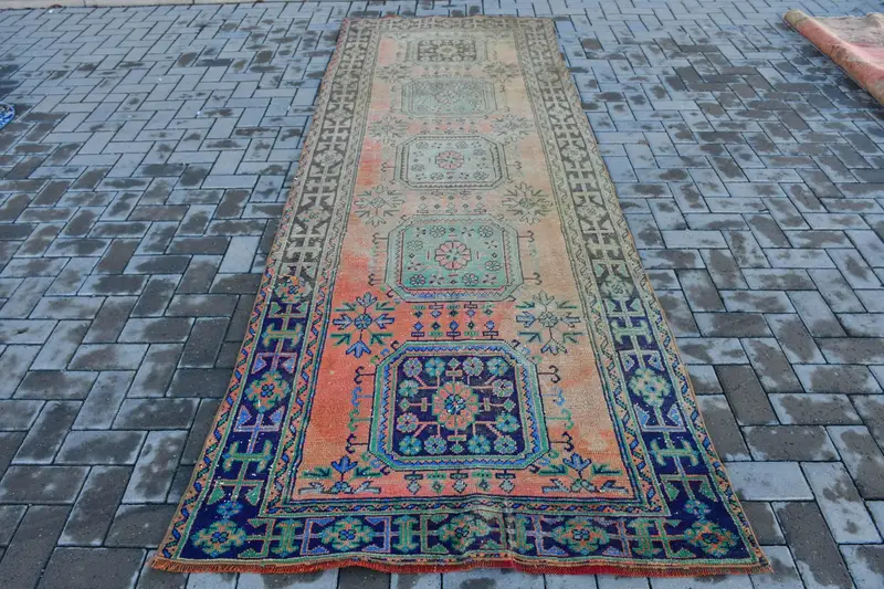 3.9x11.1 ft Türk Halısı, Oushak Halısı, Mavi İkat Halı Yünü - 1