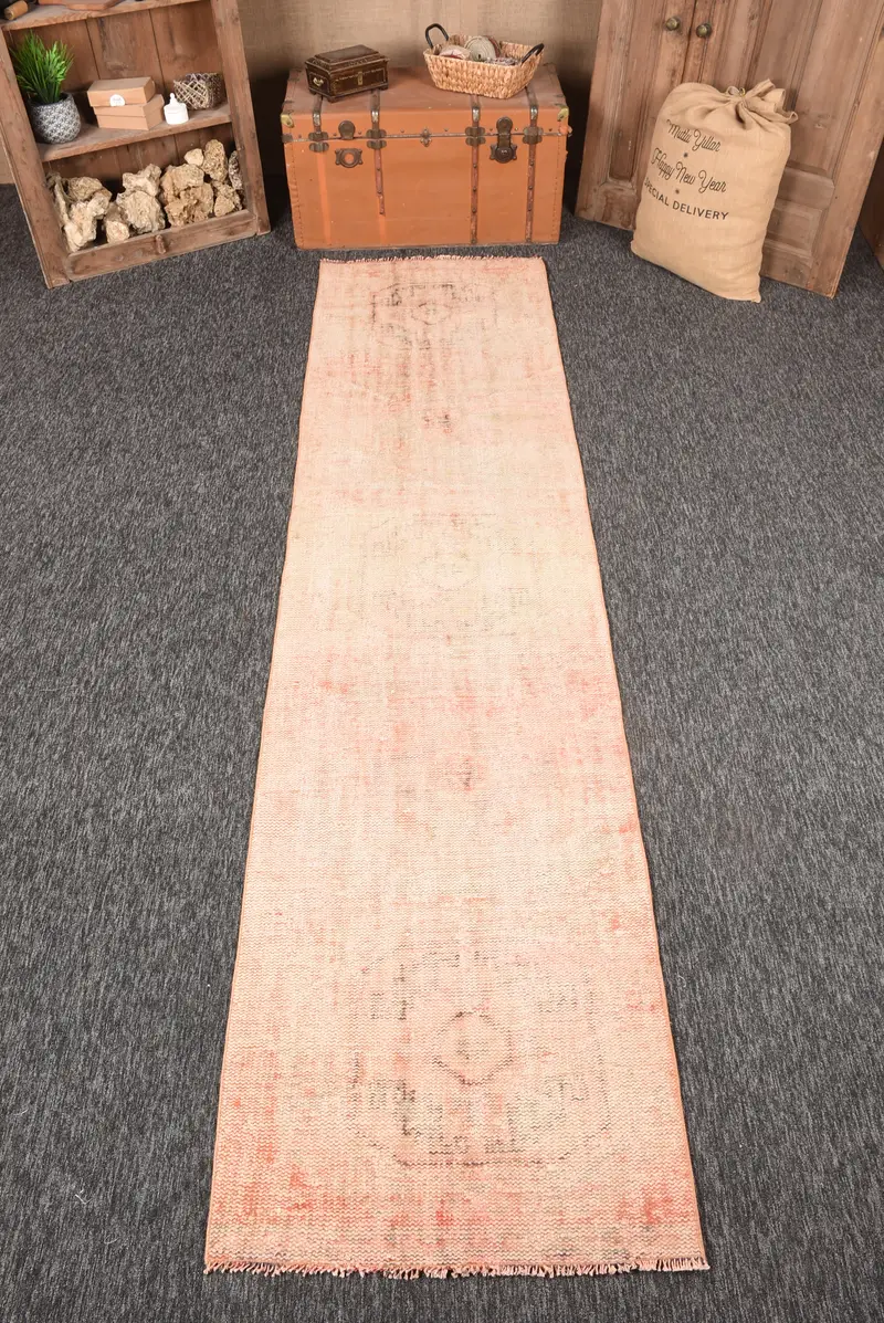 Turkish Small Rug, 2.7x10.8 ft Vintage Rug, Pink Geometric Wool Rug - 1