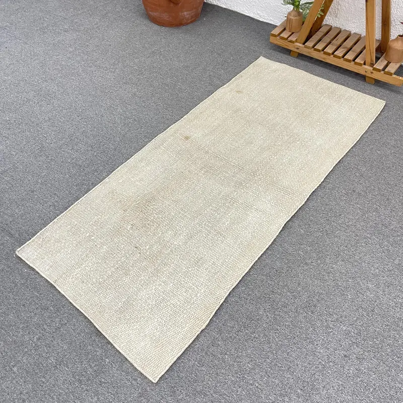 Turkish 2.4x5.5 ft Rug, Oushak Vintage Rug, White Solid Wool Rug - 1