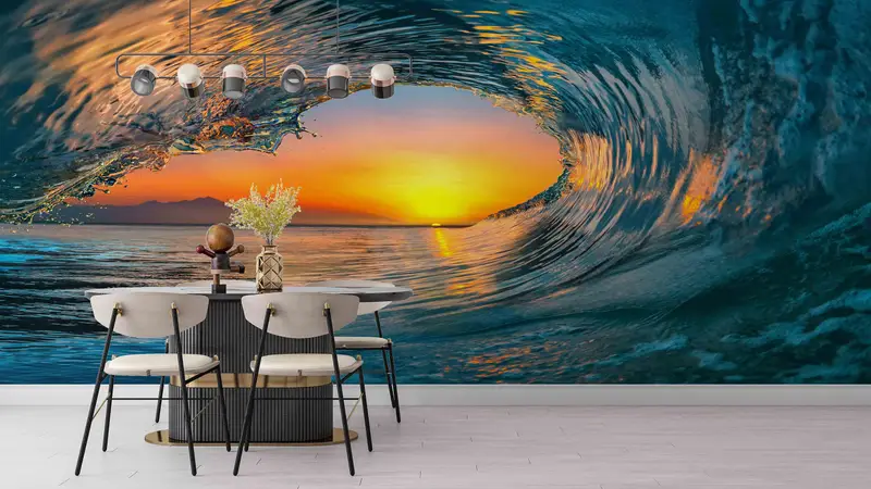 Gedruckte Tapete mit Meereslandschaft bei Sonnenuntergang: Meereswellen, Naturlandschaft