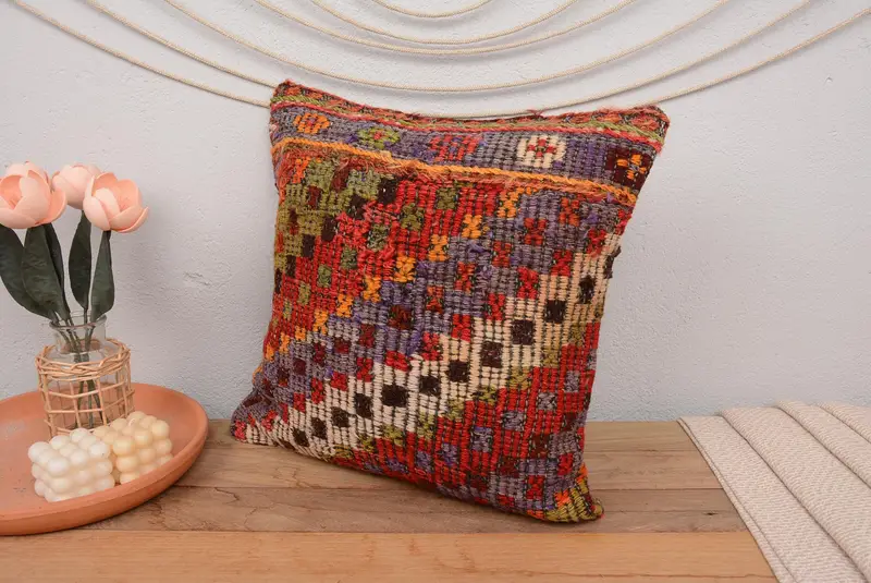 Handwoven Pillow Cover Cushion Cover, Pillow Sham, 18x18 Red Cushion, Interior Designer Pillow, Kilim Pillow, Turkish Kilim Pillow - 4
