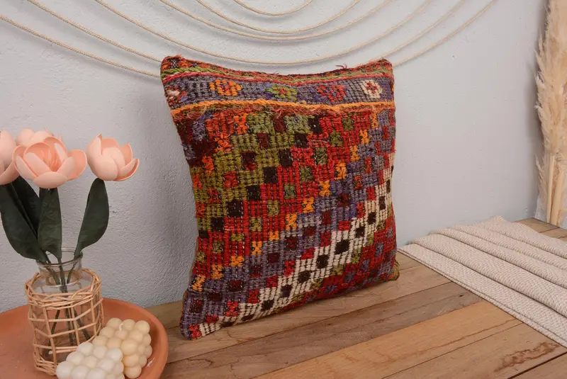 Handwoven Pillow Cover Cushion Cover, Pillow Sham, 18x18 Red Cushion, Interior Designer Pillow, Kilim Pillow, Turkish Kilim Pillow - 1