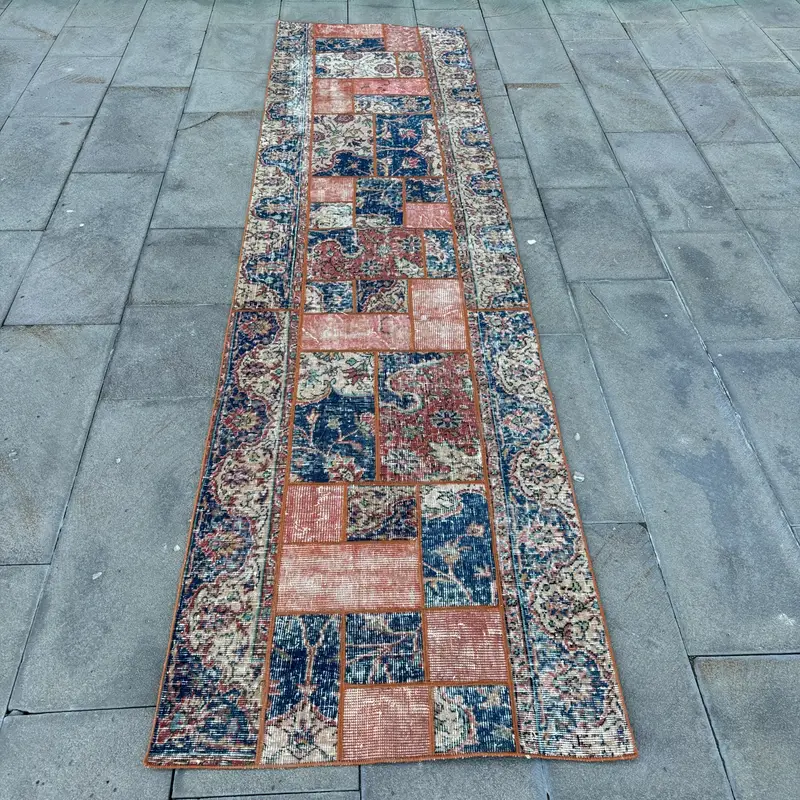 Turkish Vintage Rug 2.7x10.3 ft (81x315 cm), Oushak Blue Red Solid Rug - 1