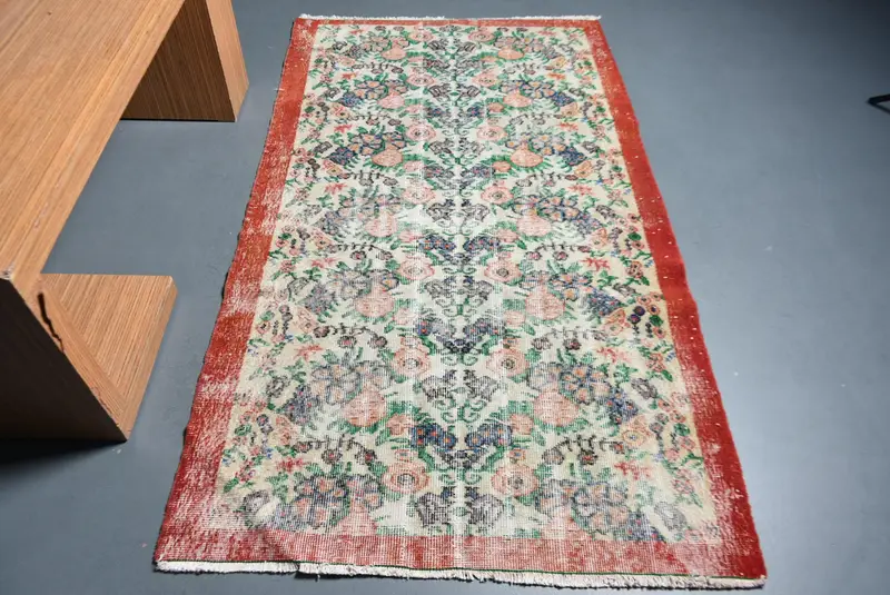 Türk Vintage Halısı 3,7x6,6 ft (113x202 cm), Oushak Kırmızı Yün Halı - 1