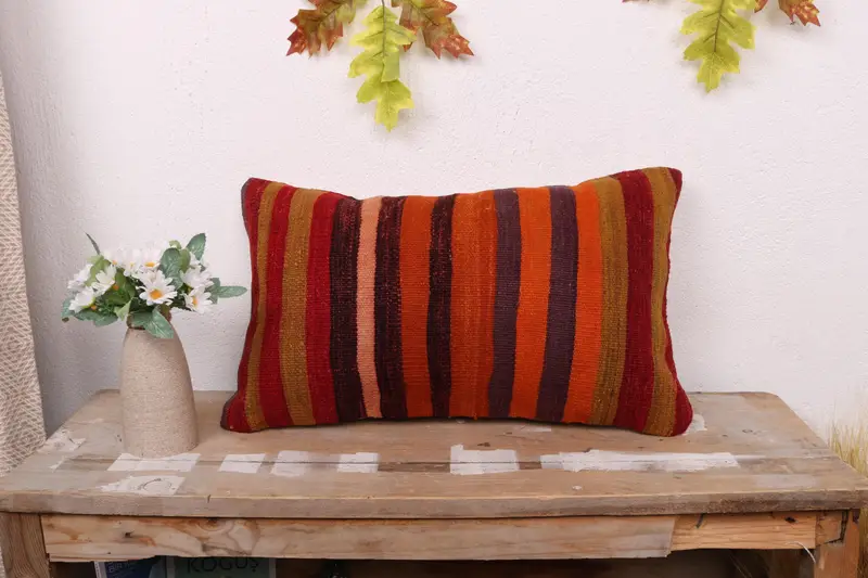 Pillow, Vintage Pillow, Pattern Throw Cushion Cover, Handmade Kilim Cushion, Kilim Pillow Cover, 12x20 Red Cushion Case, Farmhouse Pillow Case - 1
