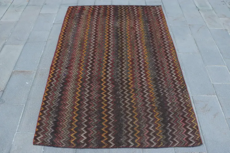 Canlı Turuncu Halı, 5,3x7,9 ft Çizgili Geometrik Tasarım