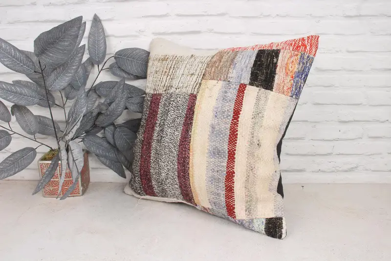 Ethnic Cushion, Kilim Pillow Cover, Indoor Cushion Cover, Cushion, 20x20 Beige Pillow Sham, Handmade Cushion, Boho Pillow, Ethnical Kilim Rug Pillow - 4