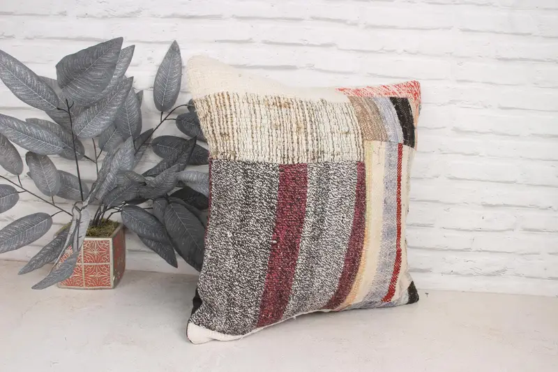Ethnic Cushion, Kilim Pillow Cover, Indoor Cushion Cover, Cushion, 20x20 Beige Pillow Sham, Handmade Cushion, Boho Pillow, Ethnical Kilim Rug Pillow - 3