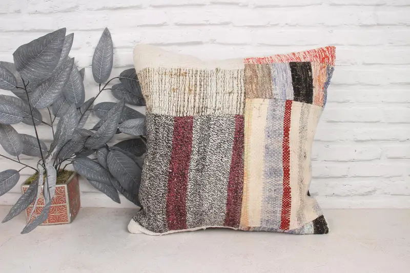 Ethnic Cushion, Kilim Pillow Cover, Indoor Cushion Cover, Cushion, 20x20 Beige Pillow Sham, Handmade Cushion, Boho Pillow, Ethnical Kilim Rug Pillow - 1
