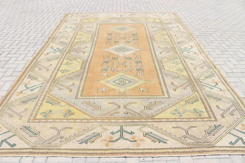 8.4x12.5 ft Vintage Rug, Oushak Rug, Yellow Ikat Rug Wool - 1