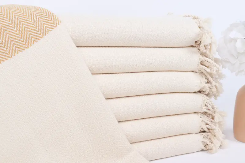 Embroidered Beach Towel Mustard Chevron, Beige, Organic Cotton, 36x71 Inches