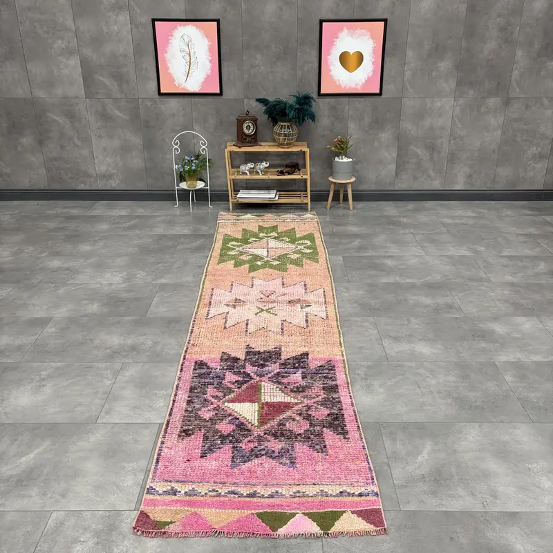 Vintage Herki Läuferteppich 2,4x9,7 ft (73x295 cm), türkischer rosa abstrakter Teppich - 1