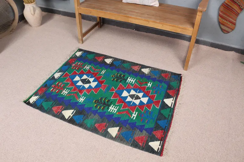 Grüner und blauer Ikat-Teppich, 90 x 100 cm, elegantes Dekor