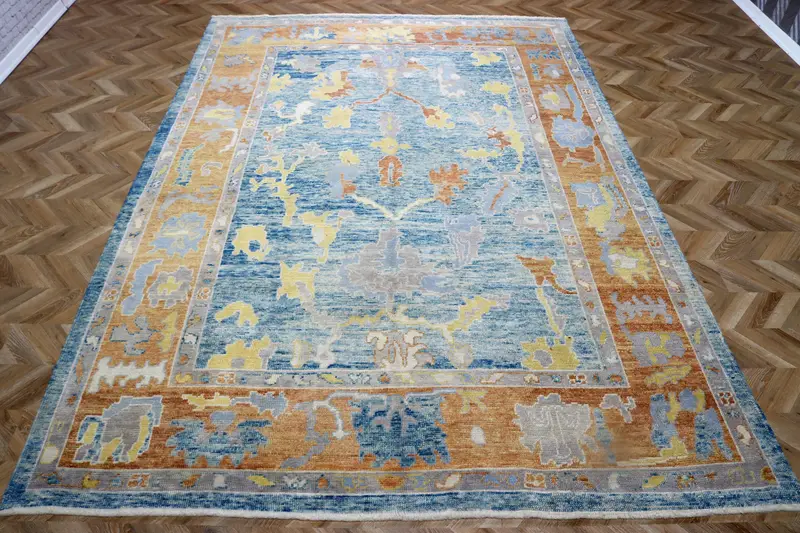 8x11.7 ft Vintage Rug, Turkish Oversize Rug, Blue Ikat Wool Rug - 1