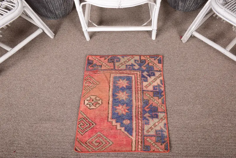 1,6x2,1 ft türkischer Vintage-Teppich, kleiner Teppich, rot-blauer geometrischer Wollteppich - 1