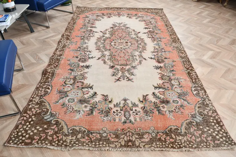 Oushak Vintage Rug, 5.6x9.7 ft Turkish Rug, Orange Southwestern Wool Rug - 1