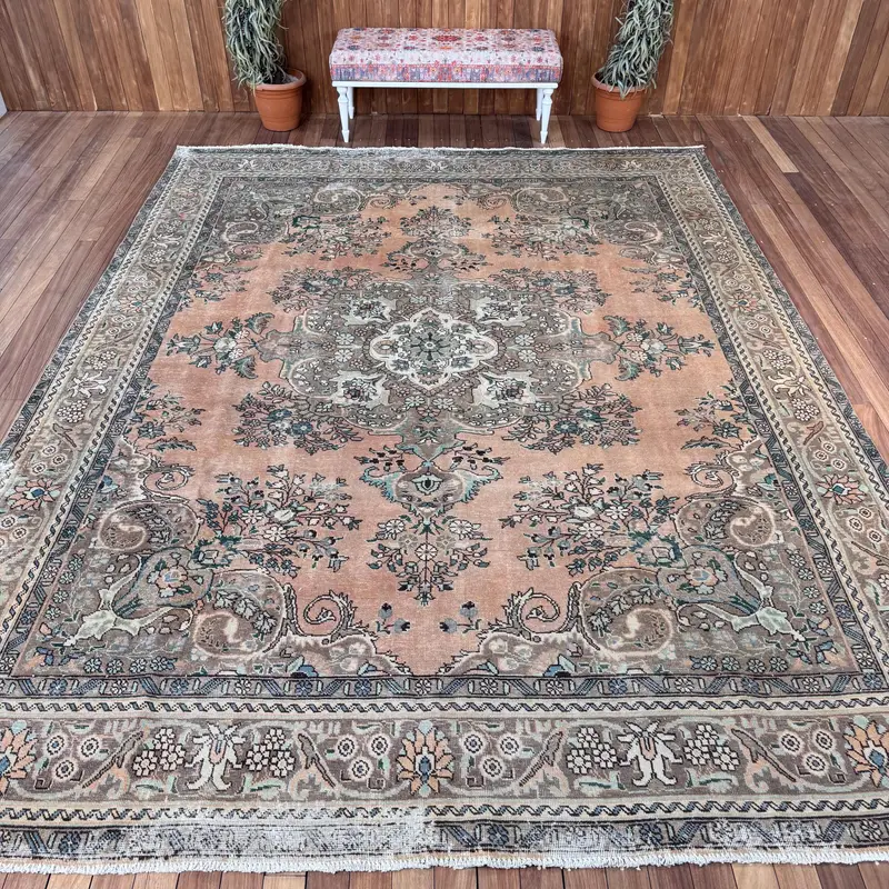 9.4x12.4 ft Vintage Oushak Rug, Brown Patchwork Turkish Wool Rug - 1