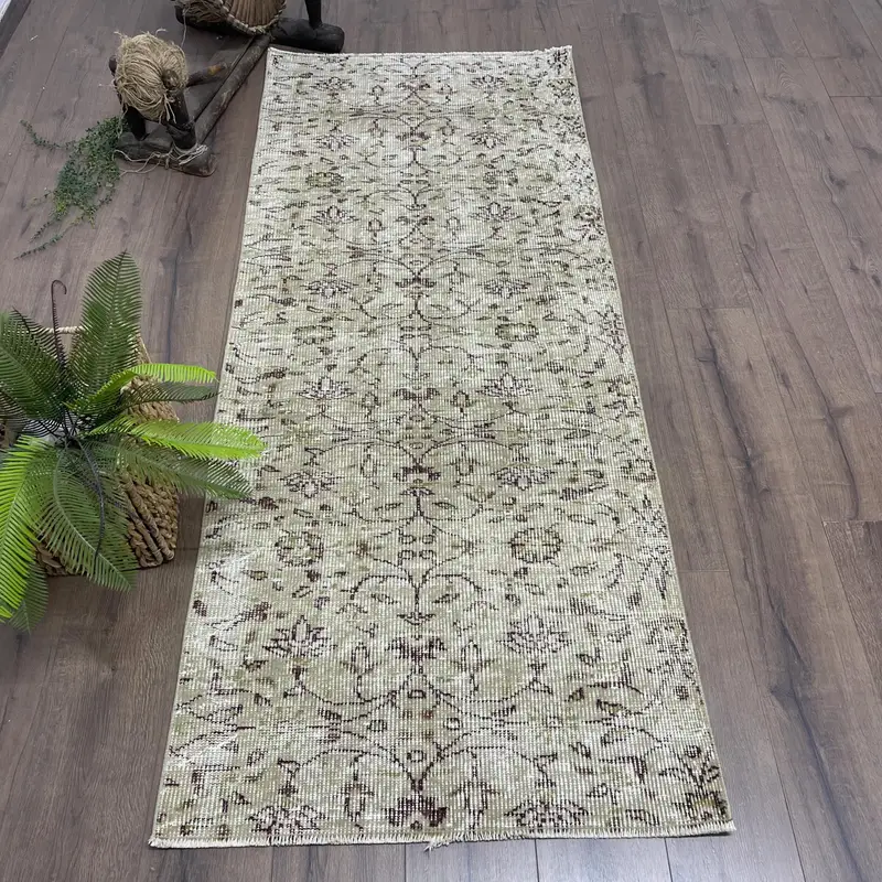 Turkish Rug, 2.8x6.7 ft Accent Rug, Green Brown Oushak Wool Rug - 1