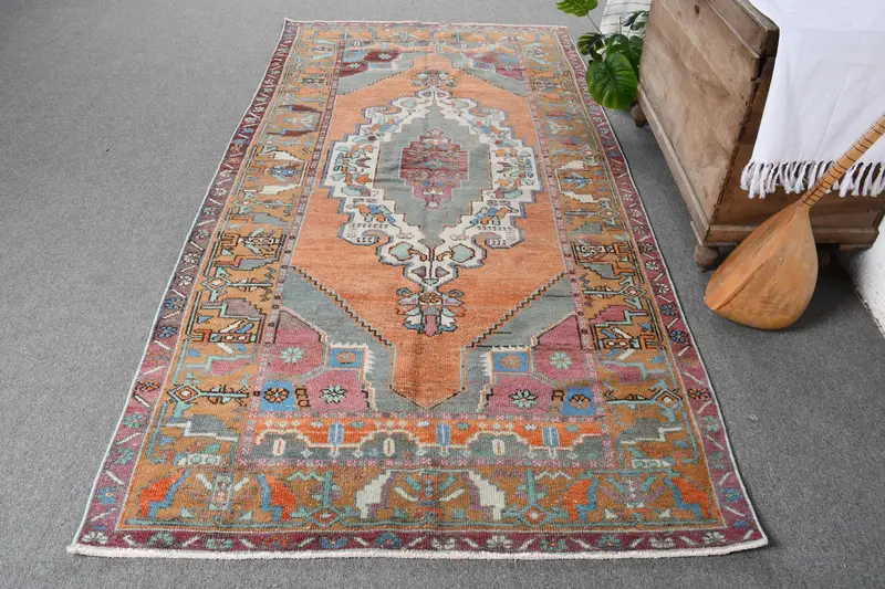 Handmade Orange Green Camouflage Rug, 0.4x0.8 ft