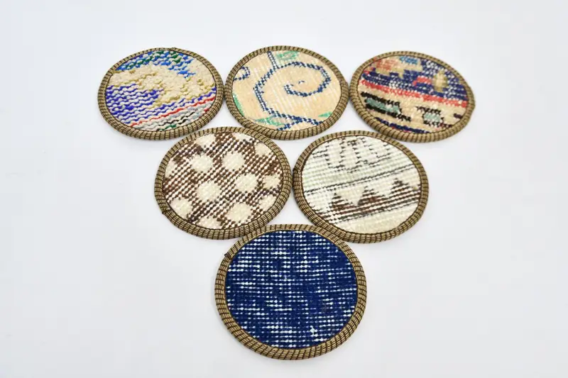ブルーとベージュのキリムコースター、コースター6枚セット
