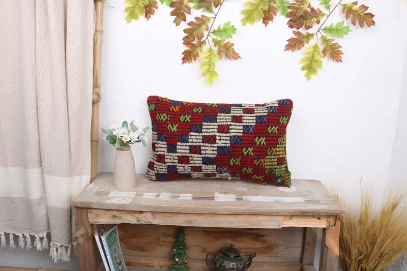12x20 Red Cushion Case, Sofa Bolster Pillow, Vintage Kilim Pillow, Gift Pillow, Turkish Kilim Pillow, Cozy Throw Pillow, Pillow Sham - 1