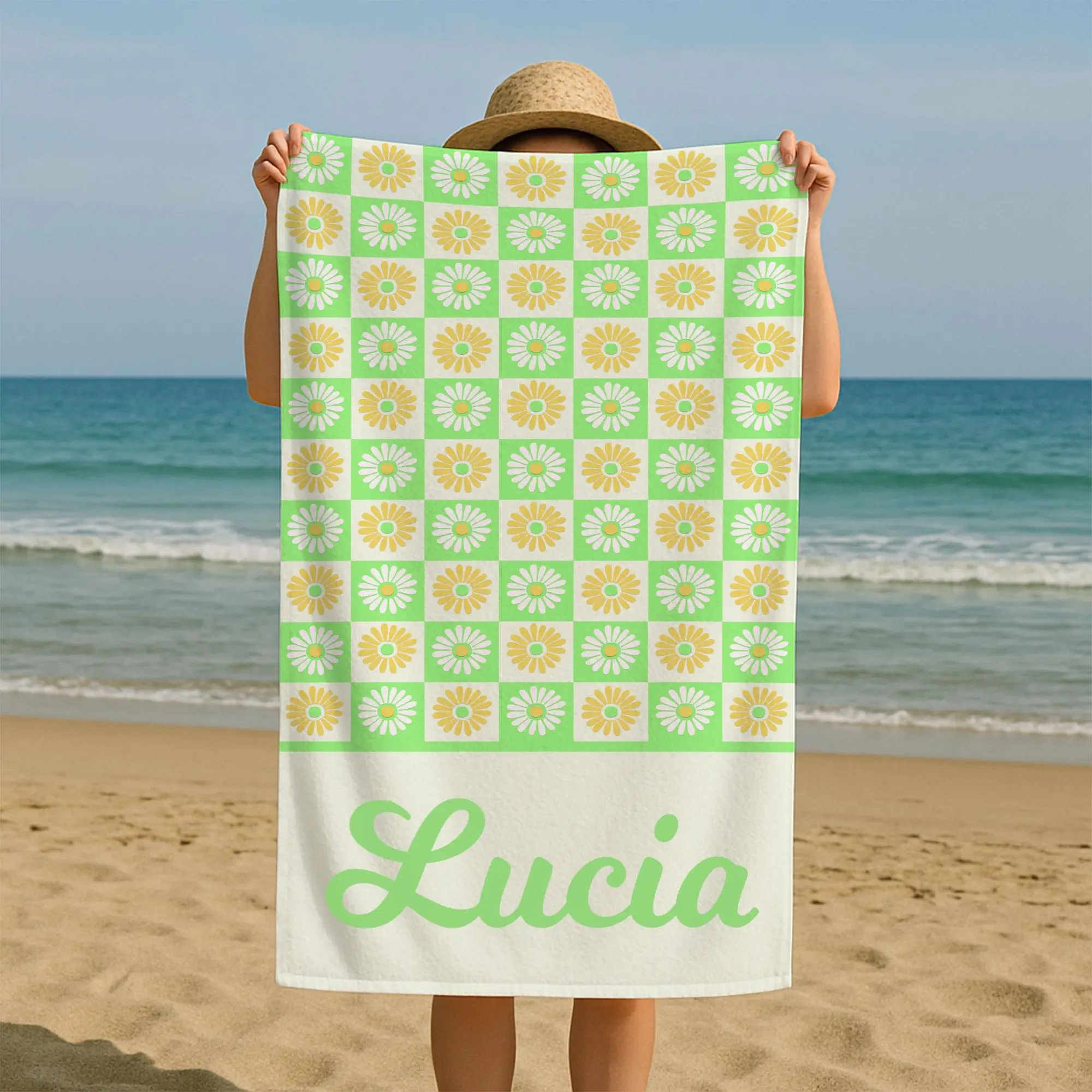 Personalized Retro Flower Beach Towel Custom Name Daisy Print, 28x53 Inches - 1
