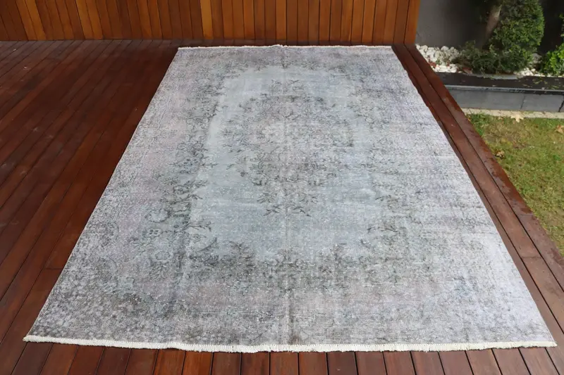 Vintage Büyük Halı, 6x9.6 ft Türk Halısı, Gri Kamuflaj Yün Halı - 1