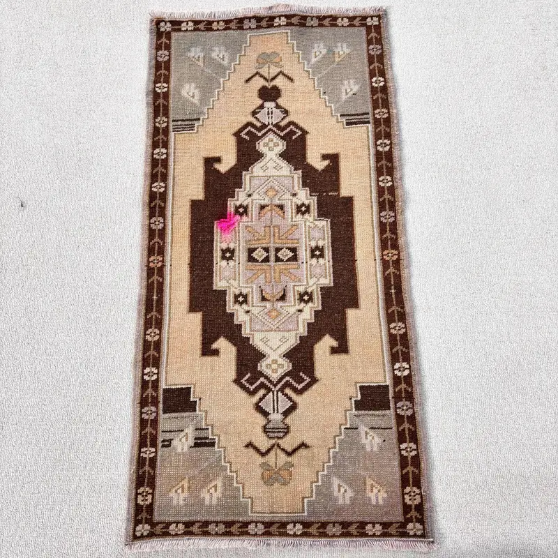 Turkish Vintage Rug 1.6x3.2 ft, Brown Oushak Solid Rug - 1