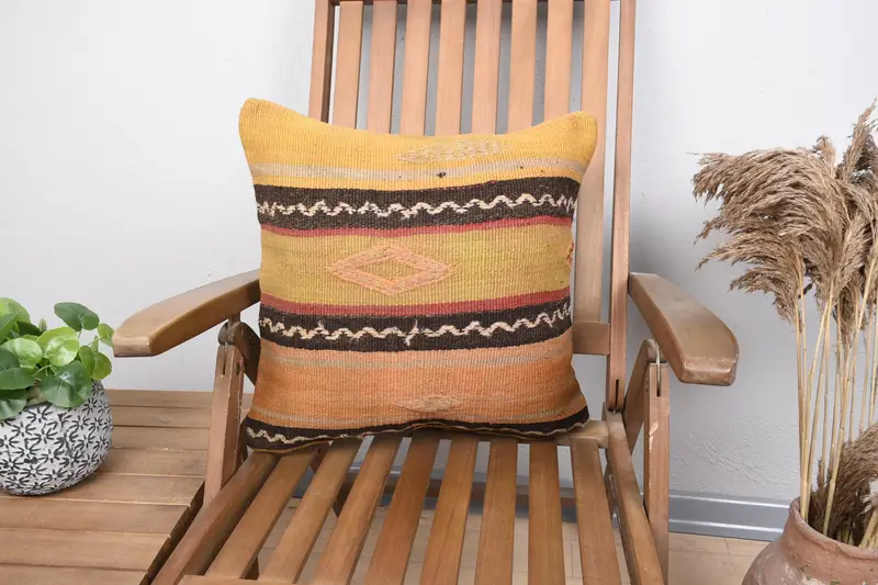 Pillow Cover, Floor Cushion, Kilim Pillow Cover, Vintage Kilim Throw Pillow, 18x18 Yellow Cushion Case, Boho Pillow Sham Cover, Nomadic Pillow Sham - 1