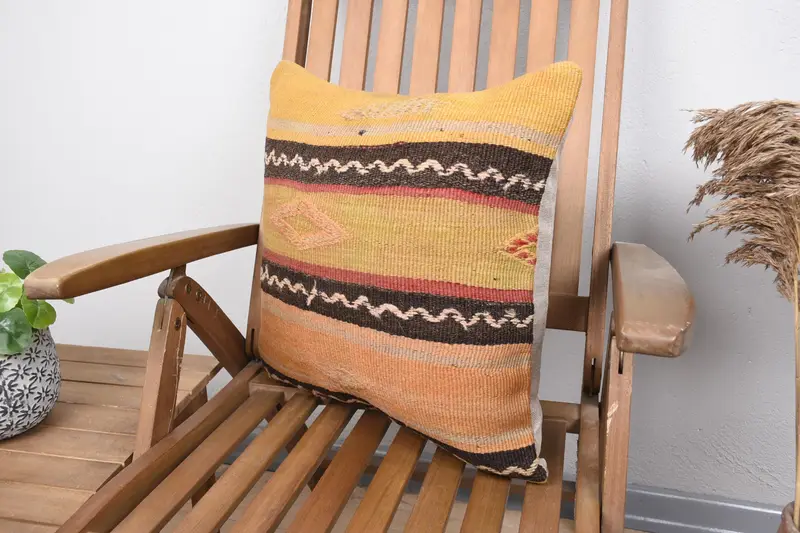 Pillow Cover, Floor Cushion, Kilim Pillow Cover, Vintage Kilim Throw Pillow, 18x18 Yellow Cushion Case, Boho Pillow Sham Cover, Nomadic Pillow Sham - 3