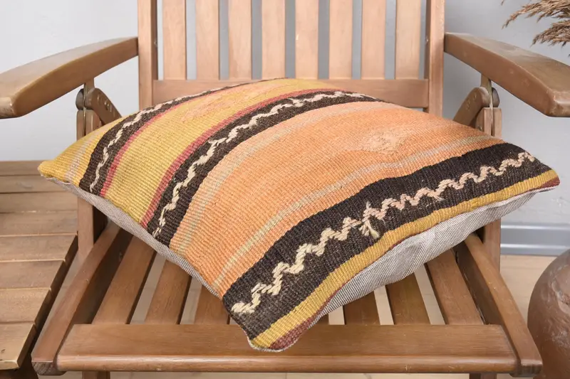 Pillow Cover, Floor Cushion, Kilim Pillow Cover, Vintage Kilim Throw Pillow, 18x18 Yellow Cushion Case, Boho Pillow Sham Cover, Nomadic Pillow Sham - 4