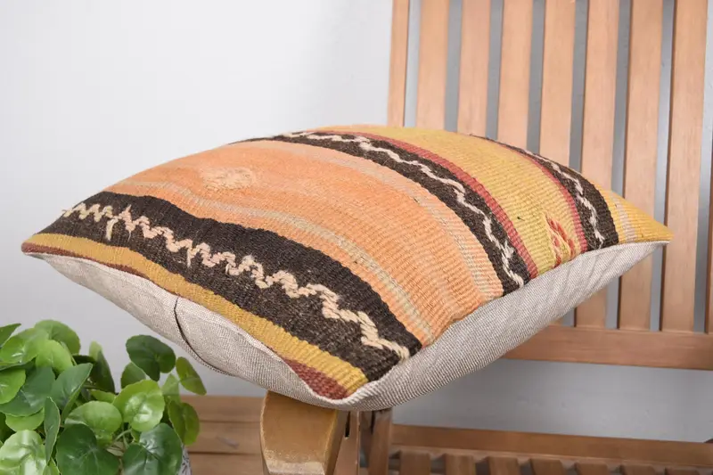 Pillow Cover, Floor Cushion, Kilim Pillow Cover, Vintage Kilim Throw Pillow, 18x18 Yellow Cushion Case, Boho Pillow Sham Cover, Nomadic Pillow Sham - 6