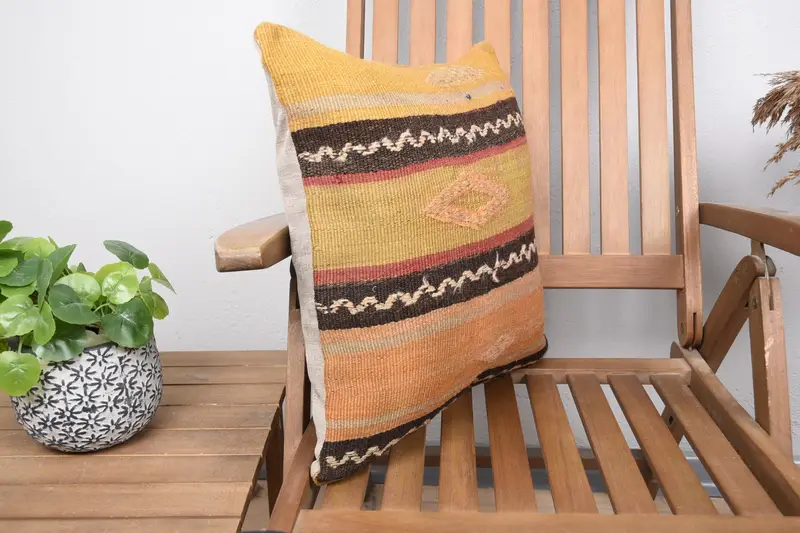 Pillow Cover, Floor Cushion, Kilim Pillow Cover, Vintage Kilim Throw Pillow, 18x18 Yellow Cushion Case, Boho Pillow Sham Cover, Nomadic Pillow Sham - 2