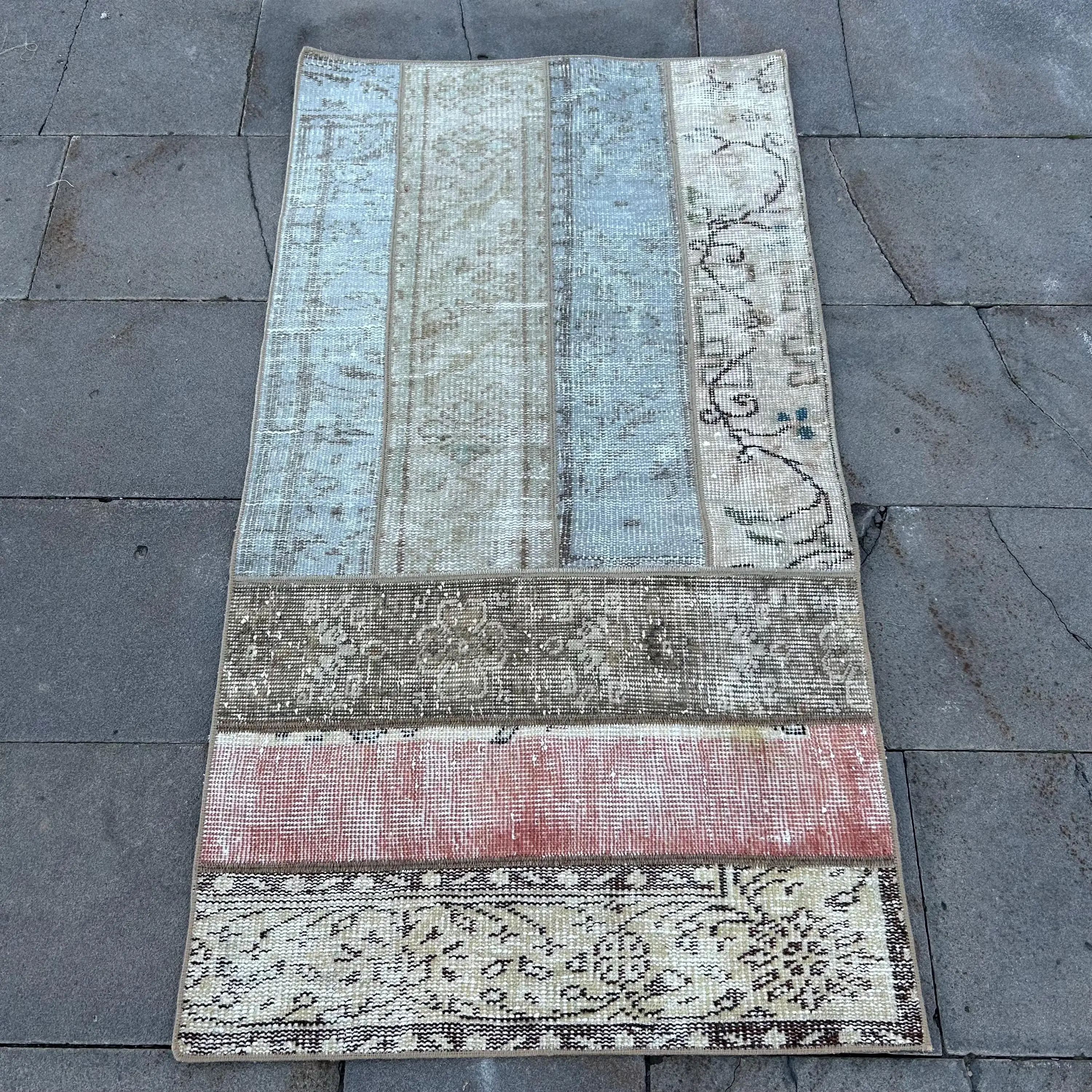 Vintage Turkish Rug, 2.4x4.5 ft Small Rug, Blue Gray Check Wool Rug - 1