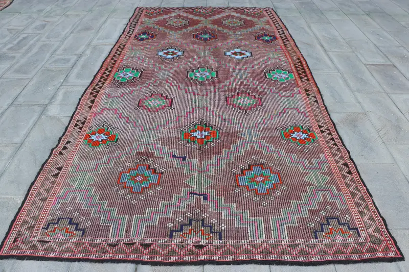 Mor Oryantal Halı, Yeşil Desenli 6,3x11,7 ft