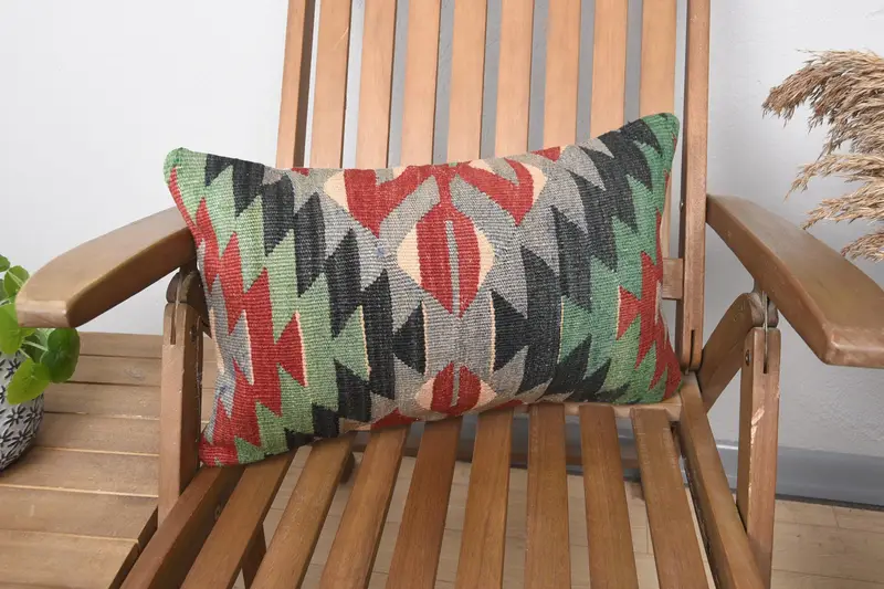 Vintage Antique Wool Cushion, 12x20 inch WovenGreen Geometric Cushion Case - 1