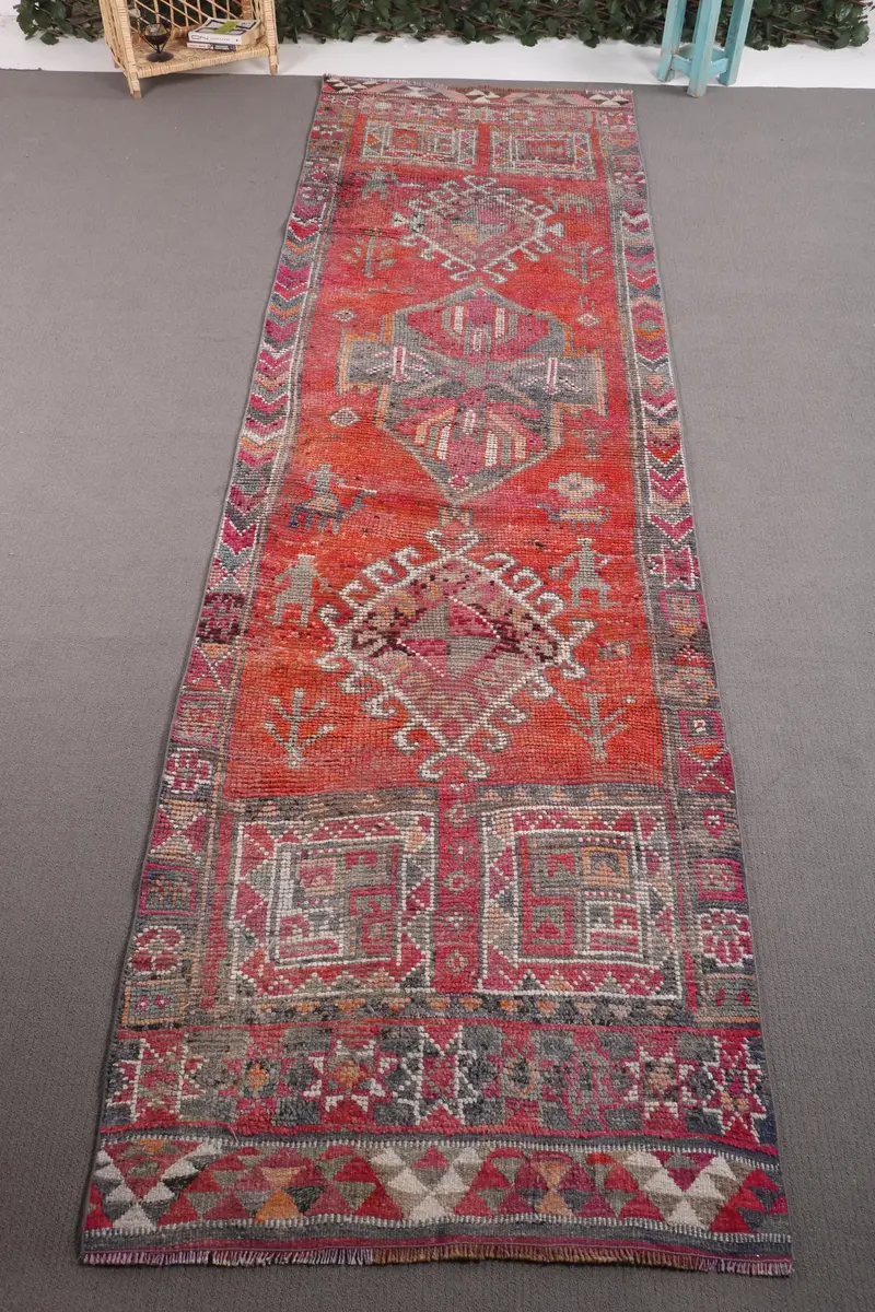 Turkish Vintage Rug 3.4x12.1 ft (105x370 cm), Herki Pink Check Rug - 1