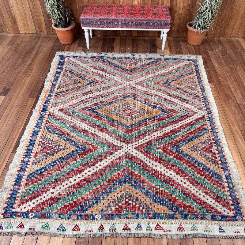 Turkish Vintage Oushak Large Rug 6.4x8 ft, Red Rug Wool - 1