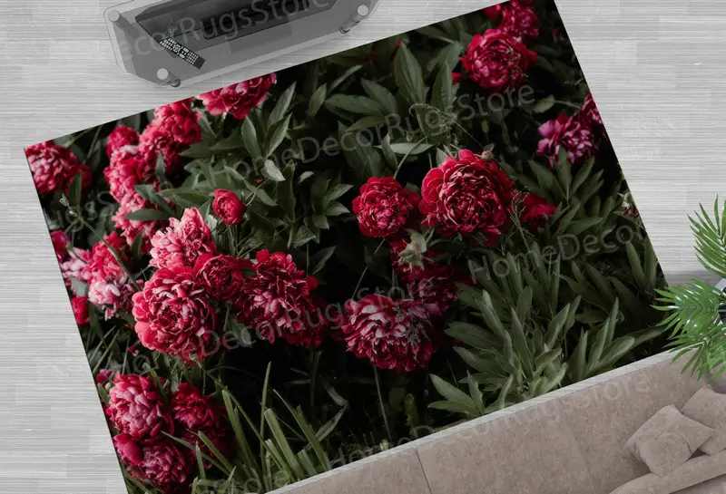 Modern Peony Flower Printed Rug: Elegant Farmhouse Decor