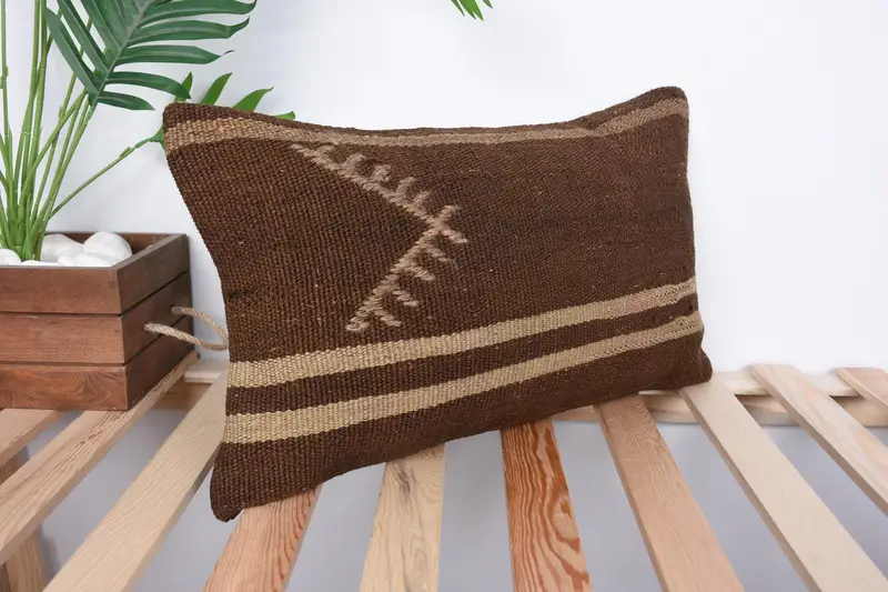 Handmade Kilim Cushion, Throw Kilim Pillow, 12x20 Brown Cushion, Decorative Throw Cushion Case, Pet Pillow Case, Pillow, Boho Pillow Sham Cover - 4