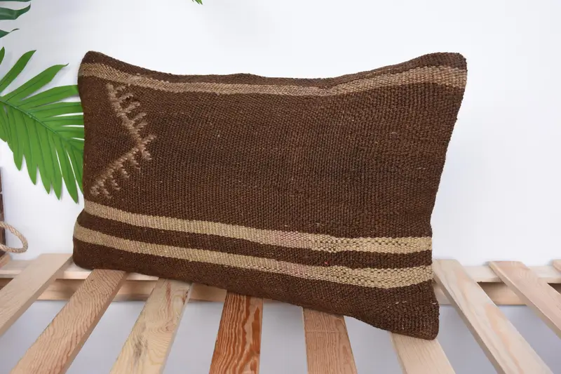 Handmade Kilim Cushion, Throw Kilim Pillow, 12x20 Brown Cushion, Decorative Throw Cushion Case, Pet Pillow Case, Pillow, Boho Pillow Sham Cover - 5