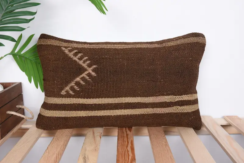 Handmade Kilim Cushion, Throw Kilim Pillow, 12x20 Brown Cushion, Decorative Throw Cushion Case, Pet Pillow Case, Pillow, Boho Pillow Sham Cover - 1