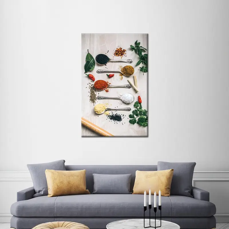 エレガントなスパイス キッチン キャンバス: 鮮やかなダイニング ルーム アート
