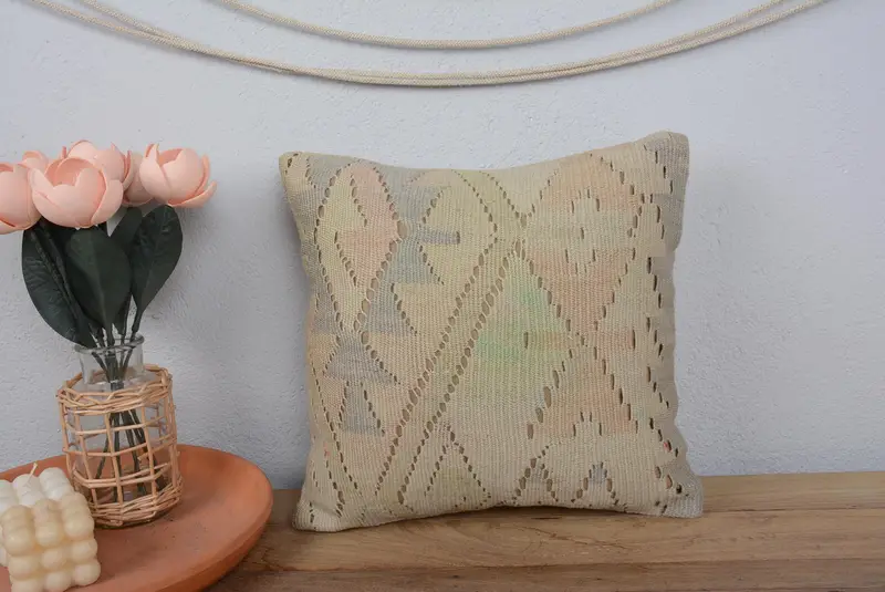 Turkish Pillow, Pillow Sham, Handmade Throw Cushion Case, Throw Kilim Pillow, Turkish Kilim Pillow, 14x14 Beige Pillow Sham, Handmade Pillow Cover - 2