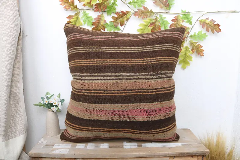Handgefertigtes braun & beige gestreiftes Kissen, Vintage Leinenkissen