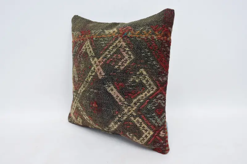 Antique Pillows, Kilim Pillow Cover, 14x14 Brown Pillow Cover, Cushion Cover, Handmade Kilim Cushion, Handmade Throw Pillow Case - 4